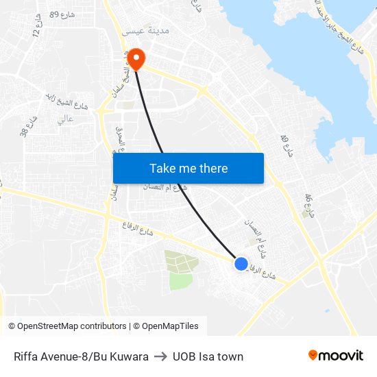 Riffa Avenue-8/Bu Kuwara to UOB Isa town map