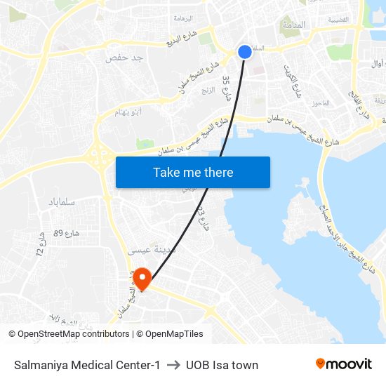 Salmaniya Medical Center-1 to UOB Isa town map