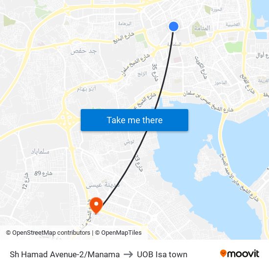 Sh Hamad Avenue-2/Manama to UOB Isa town map