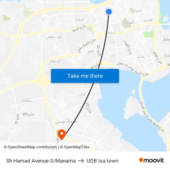 Sh Hamad Avenue-3/Manama to UOB Isa town map