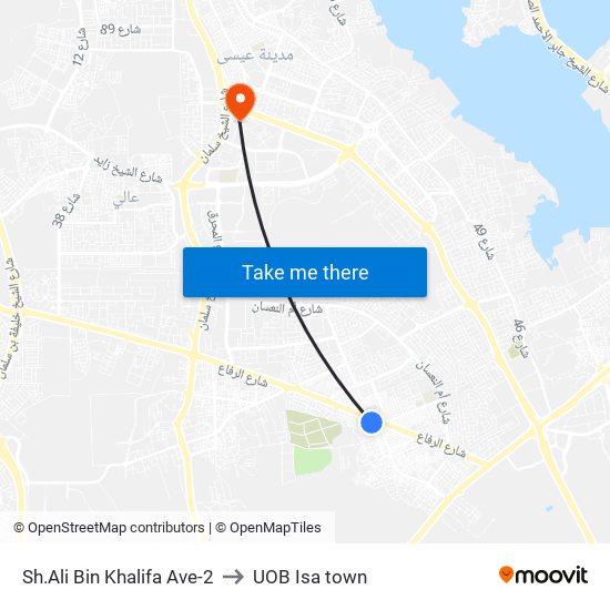 Sh.Ali Bin Khalifa Ave-2 to UOB Isa town map