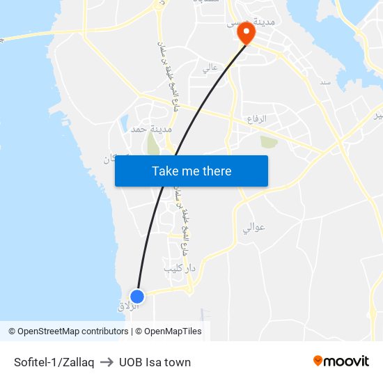 Sofitel-1/Zallaq to UOB Isa town map