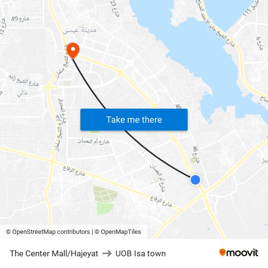 The Center Mall/Hajeyat to UOB Isa town map