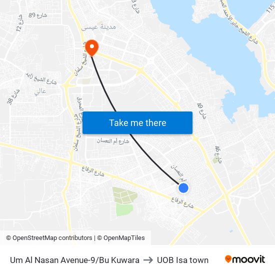 Um Al Nasan Avenue-9/Bu Kuwara to UOB Isa town map