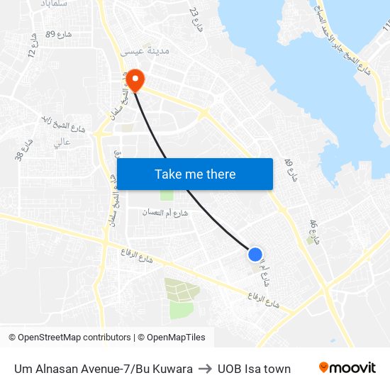 Um Alnasan Avenue-7/Bu Kuwara to UOB Isa town map