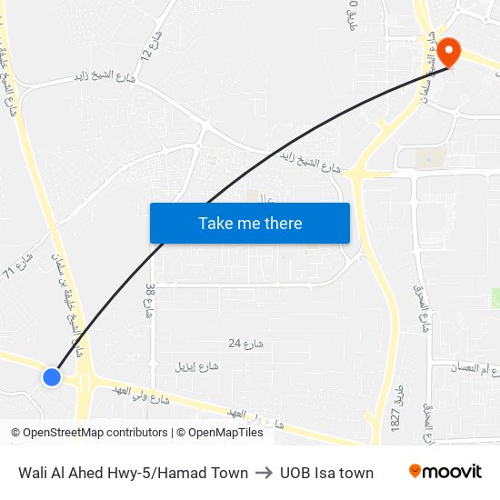 Wali Al Ahed Hwy-5/Hamad Town to UOB Isa town map