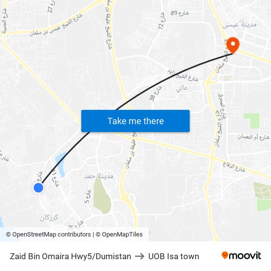 Zaid Bin Omaira Hwy5/Dumistan to UOB Isa town map