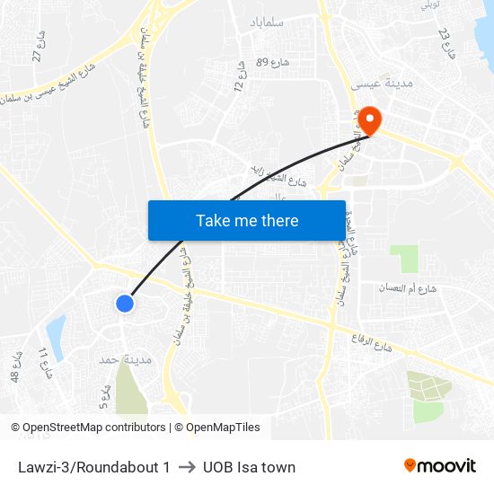 Lawzi-3/Roundabout 1 to UOB Isa town map