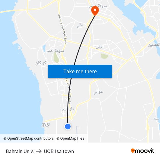 Bahrain Univ. to UOB Isa town map
