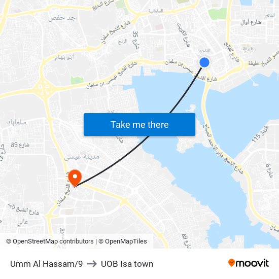 Umm Al Hassam/9 to UOB Isa town map