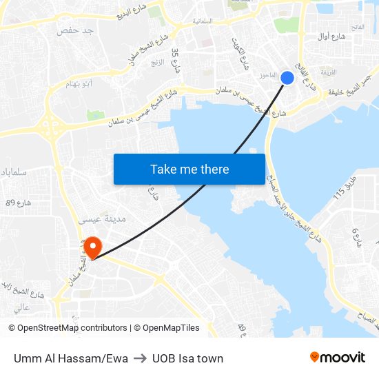 Umm Al Hassam/Ewa to UOB Isa town map