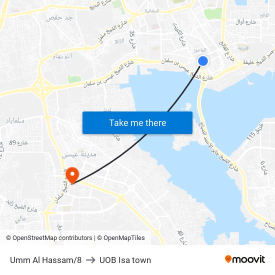 Umm Al Hassam/8 to UOB Isa town map