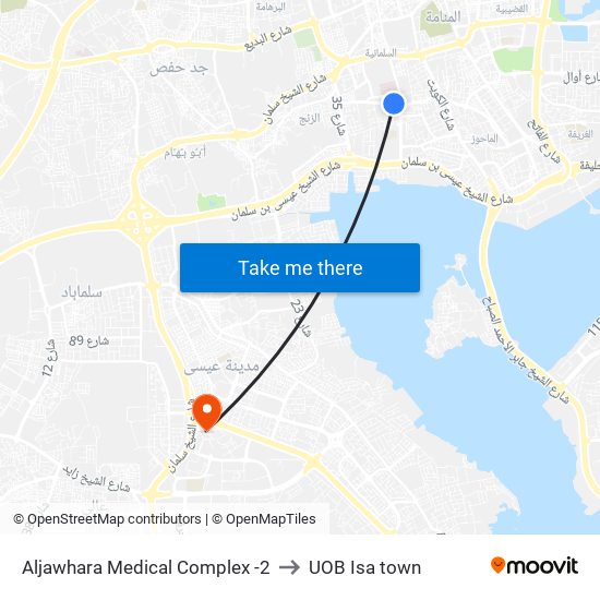 Aljawhara Medical Complex -2 to UOB Isa town map