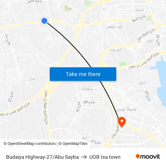 Budaiya Highway-27/Abu Sayba to UOB Isa town map