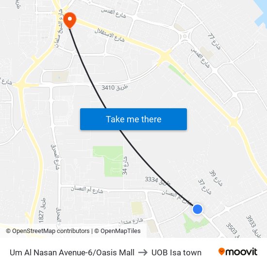 Um Al Nasan Avenue-6/Oasis Mall to UOB Isa town map