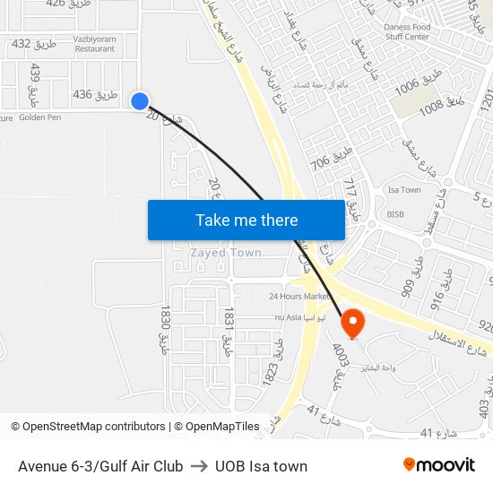 Avenue 6-3/Gulf Air Club to UOB Isa town map