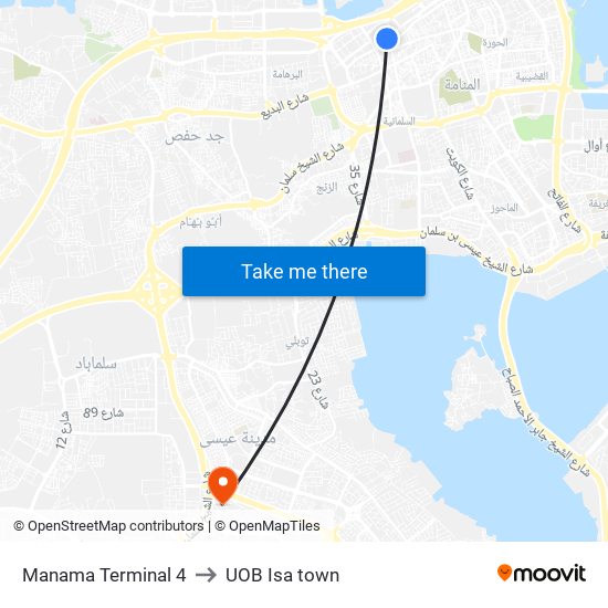 Manama Terminal 4 to UOB Isa town map