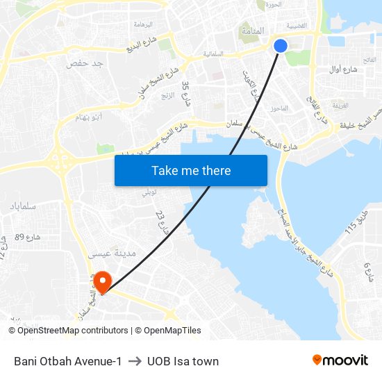 Bani Otbah Avenue-1 to UOB Isa town map