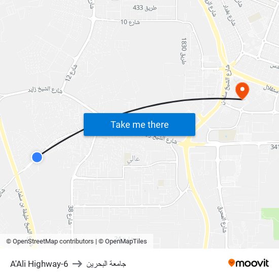 A'Ali Highway-6 to جامعة البحرين map