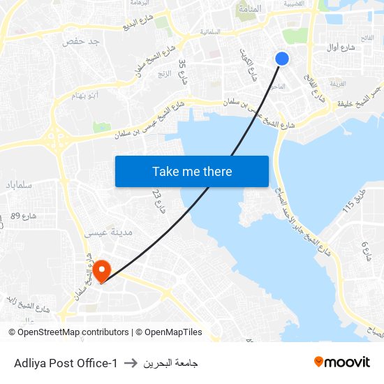 Adliya Post Office-1 to جامعة البحرين map