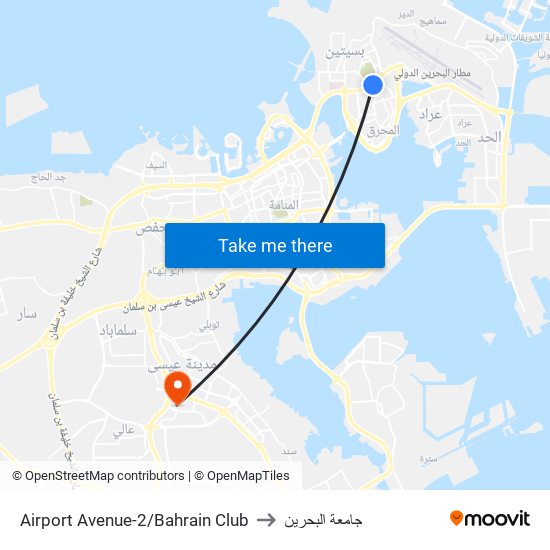Airport Avenue-2/Bahrain Club to جامعة البحرين map