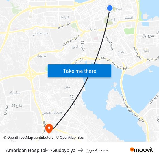 American Hospital-1/Gudaybiya to جامعة البحرين map