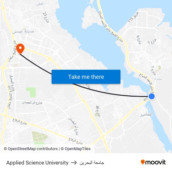 Applied Science University to جامعة البحرين map