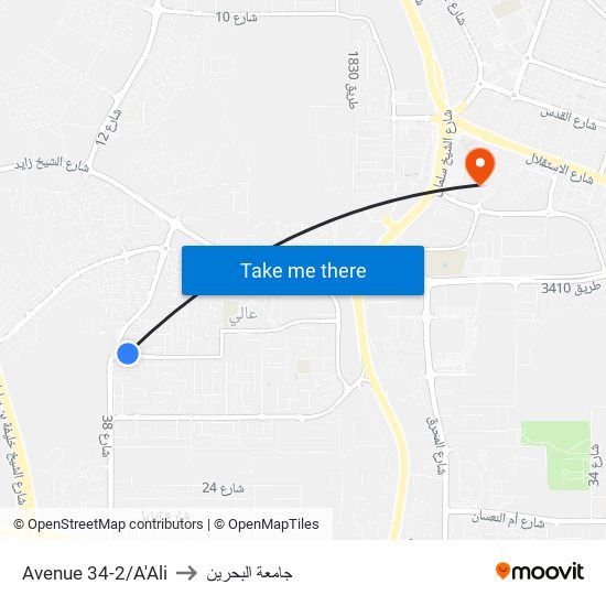 Avenue 34-2/A'Ali to جامعة البحرين map