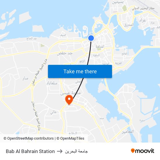 Bab Al Bahrain Station to جامعة البحرين map