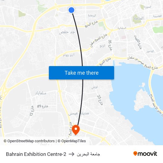 Bahrain Exhibition Centre-2 to جامعة البحرين map