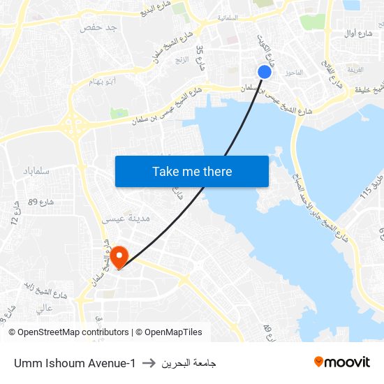 Umm Ishoum Avenue-1 to جامعة البحرين map
