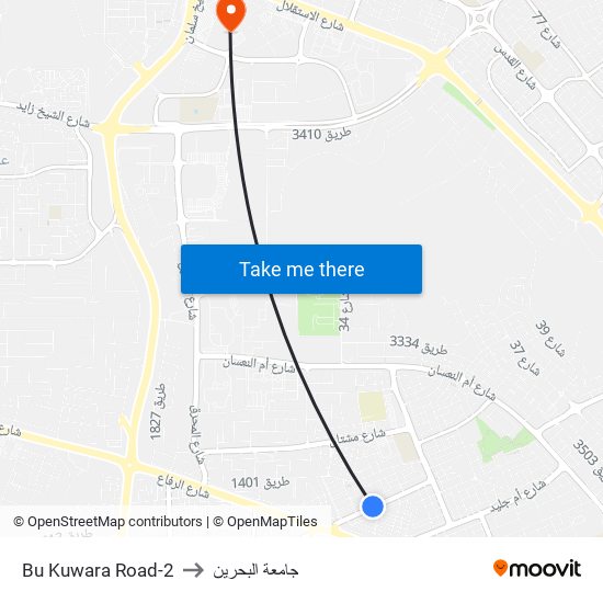 Bu Kuwara Road-2 to جامعة البحرين map