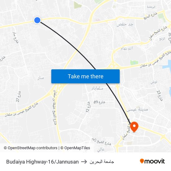 Budaiya Highway-16/Jannusan to جامعة البحرين map