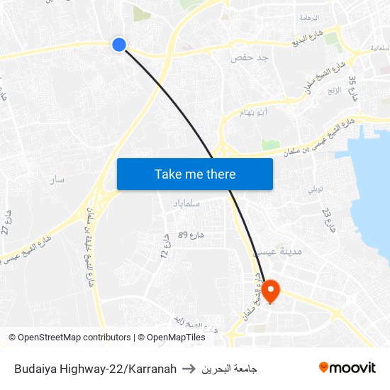 Budaiya Highway-22/Karranah to جامعة البحرين map