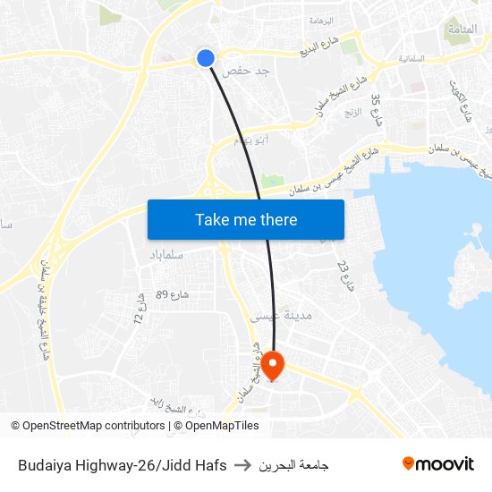 Budaiya Highway-26/Jidd Hafs to جامعة البحرين map