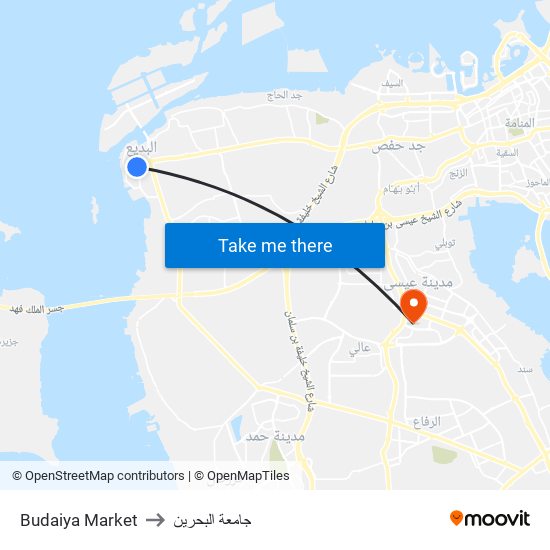 Budaiya Market to جامعة البحرين map