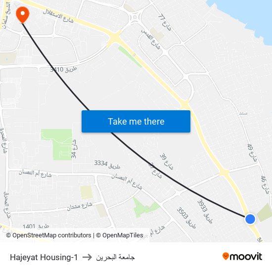 Hajeyat Housing-1 to جامعة البحرين map
