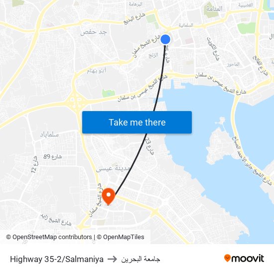 Highway 35-2/Salmaniya to جامعة البحرين map