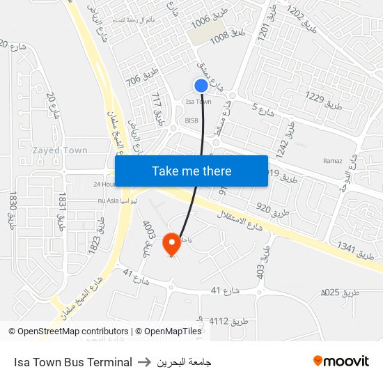 Isa Town Bus Terminal to جامعة البحرين map