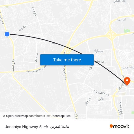 Janabiya Highway-5 to جامعة البحرين map