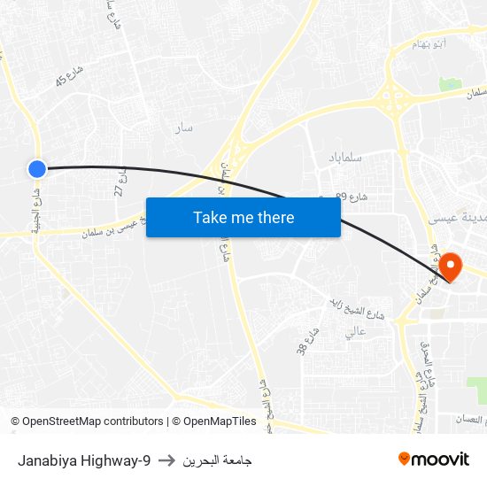 Janabiya Highway-9 to جامعة البحرين map