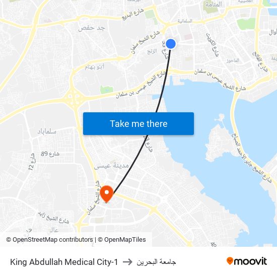 King Abdullah Medical City-1 to جامعة البحرين map