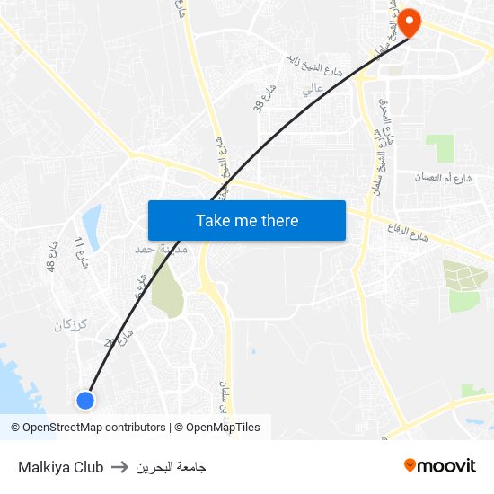 Malkiya Club to جامعة البحرين map