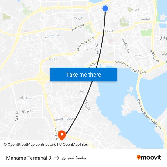 Manama Terminal 3 to جامعة البحرين map