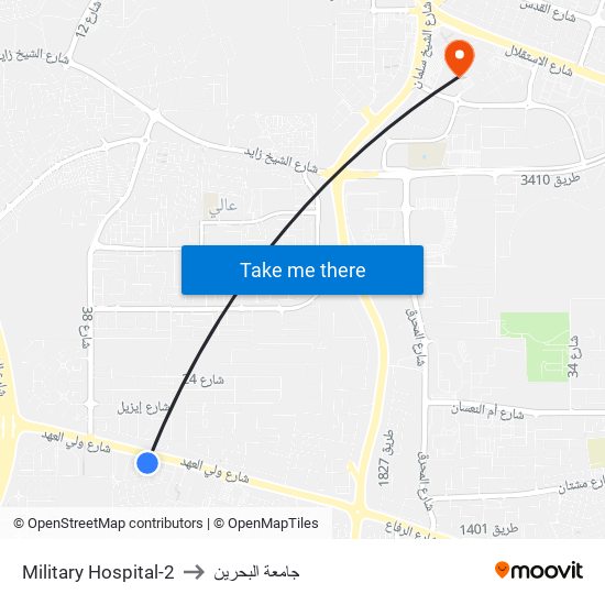 Military Hospital-2 to جامعة البحرين map