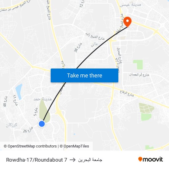 Rowdha-17/Roundabout 7 to جامعة البحرين map