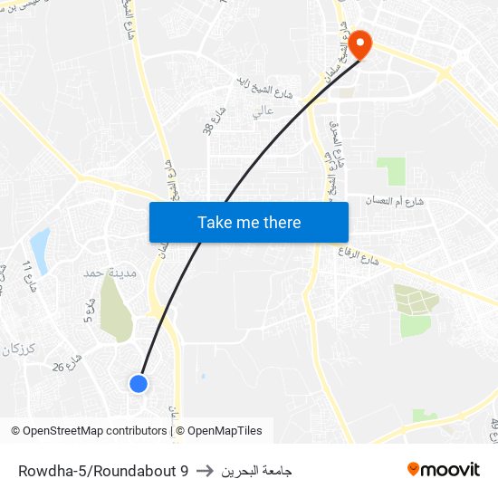 Rowdha-5/Roundabout 9 to جامعة البحرين map
