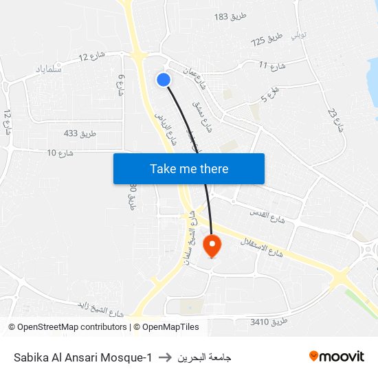 Sabika Al Ansari Mosque-1 to جامعة البحرين map