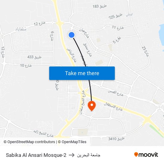 Sabika Al Ansari Mosque-2 to جامعة البحرين map
