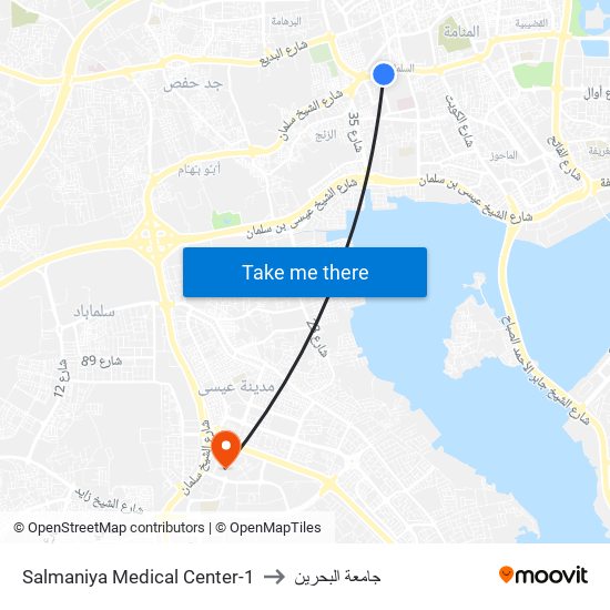 Salmaniya Medical Center-1 to جامعة البحرين map